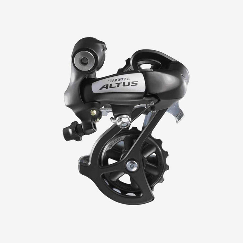 Shimano Altus rear derailleur in black with a silver and white label, shown on a light gray background.