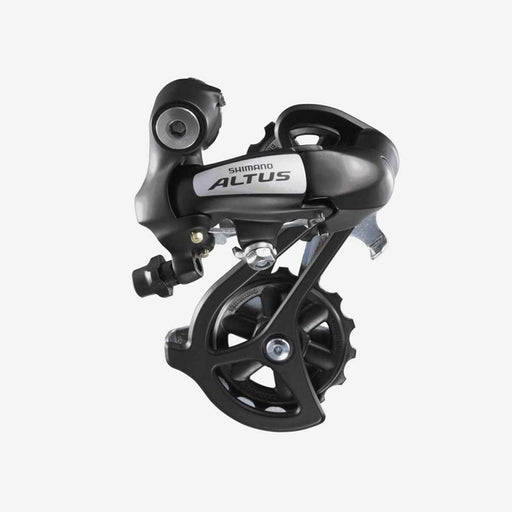 Shimano Altus rear derailleur in black with a silver and white label, shown on a light gray background.