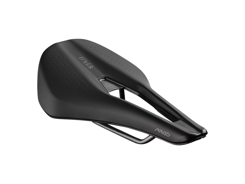 A black Grind ARGO bicycle saddle shown from a three-quarters perspective on a solid white background.
