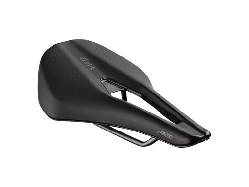A black Grind ARGO bicycle saddle shown from a three-quarters perspective on a solid white background.