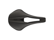 A matte black bicycle saddle with the 'fi'zik' brand name printed on the side, shown from a top-down perspective on a solid white background.