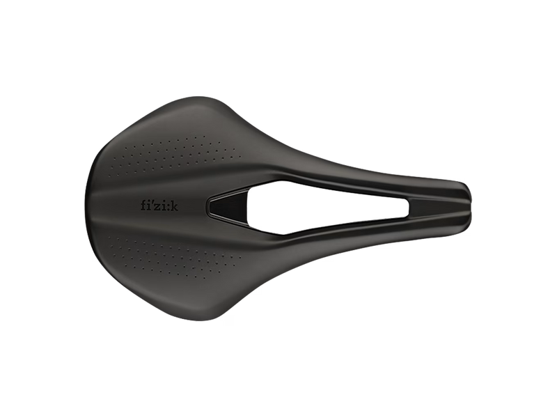 A matte black bicycle saddle with the 'fi'zik' brand name printed on the side, shown from a top-down perspective on a solid white background.