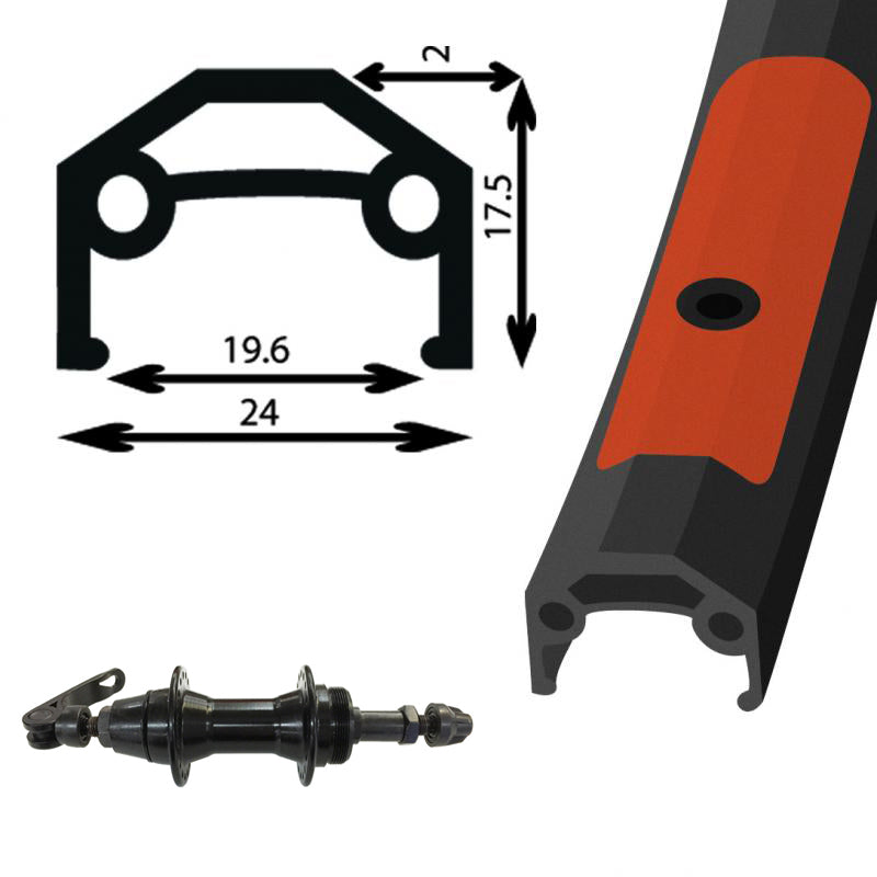Bicycle bottom bracket component shown with a black technical dimension diagram, a small exploded view of the spindle/hub, and a close-up of the black frame insert with an orange-red accent on a white background.
