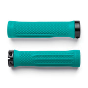 Two teal bicycle grips with black ends on a white background