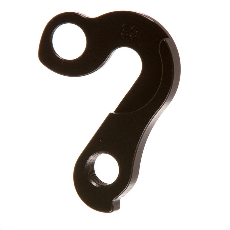 Black bicycle derailleur hanger on a white background (Back side view)