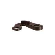 Black bicycle derailleur hanger on a white background (flat view)