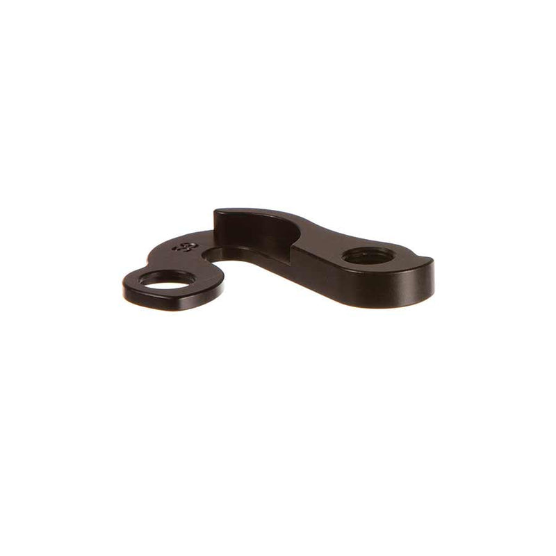 Black bicycle derailleur hanger on a white background (flat view)