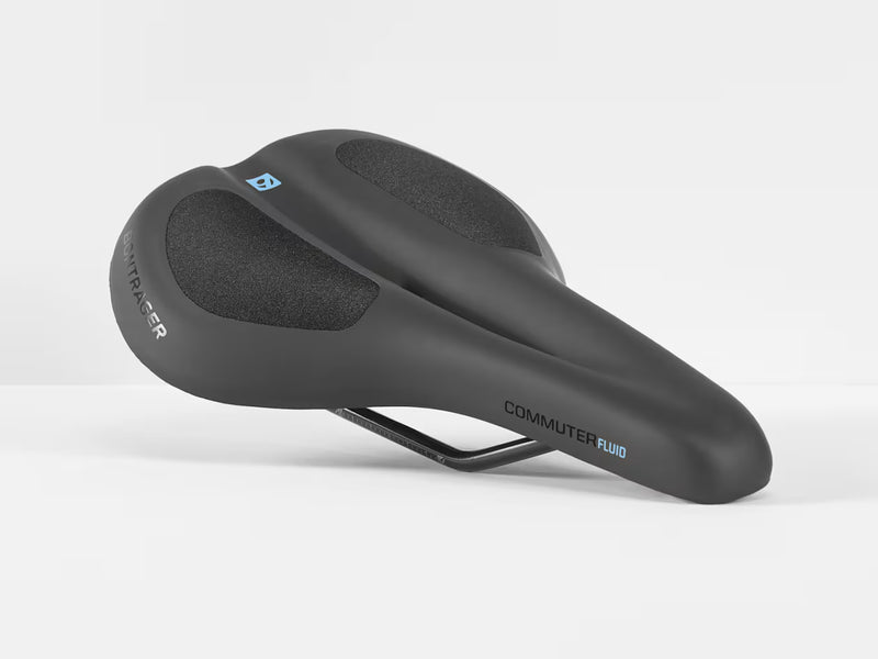 Black bicycle saddle with 'Bontrager' branding on a white background