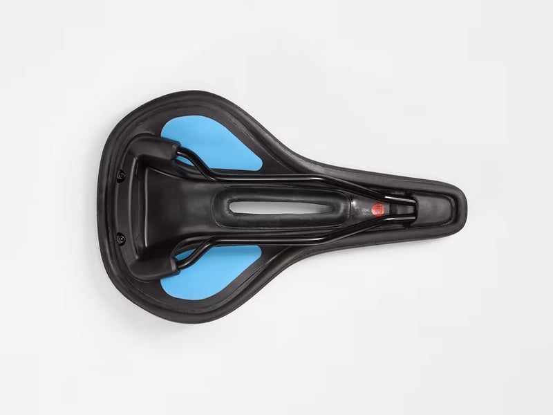 A top-down view of a black bicycle saddle with bright blue inserts on the sides, set against a clean white background.