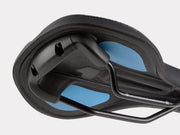 Close-up of a black bicycle seat with blue accents on a white background
