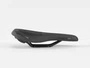 Black bicycle saddle with 'Bontrager' branding on a white background