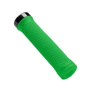 Green bicycle handlebar grip with black end cap on a white background