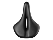 A black bicycle saddle with a contoured, ergonomic shape, shown from a top-down perspective on a solid white background.