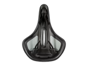 A black bicycle saddle shown from a top-down perspective on a solid white background.
