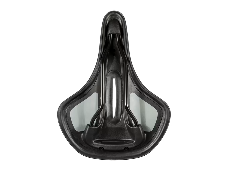 A black bicycle saddle shown from a top-down perspective on a solid white background.