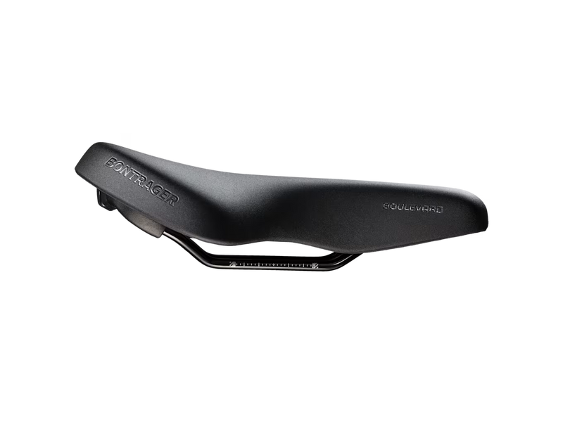 A black Bontrager bicycle saddle with 'BOULEVARD' printed on the side, shown from a side profile view against a solid white background.