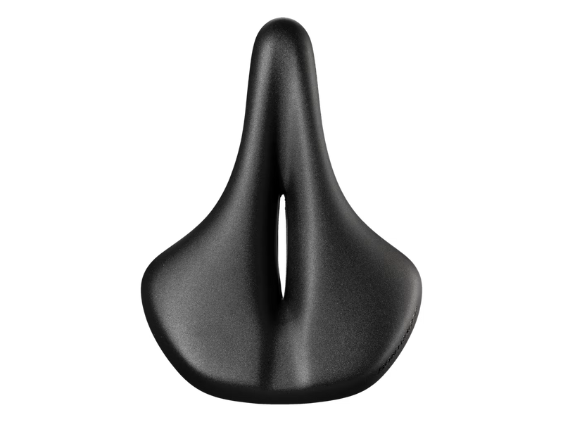 A black bicycle saddle with a contoured, ergonomic shape, shown from a top-down perspective on a solid white background.