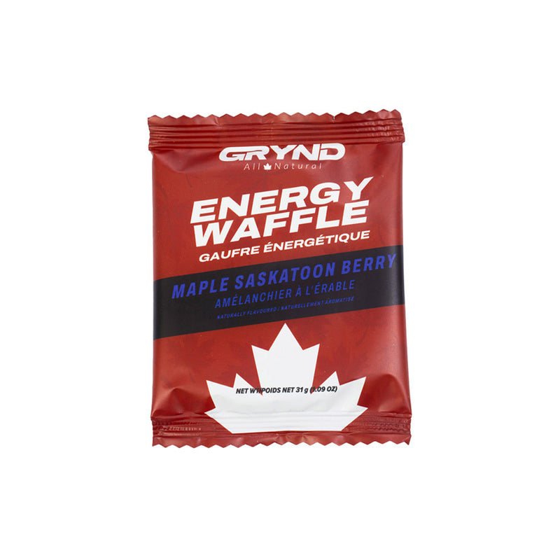 Grynd Energy Waffle package with red and white design on a white background - Maple Saksatoon Berry flavoured.