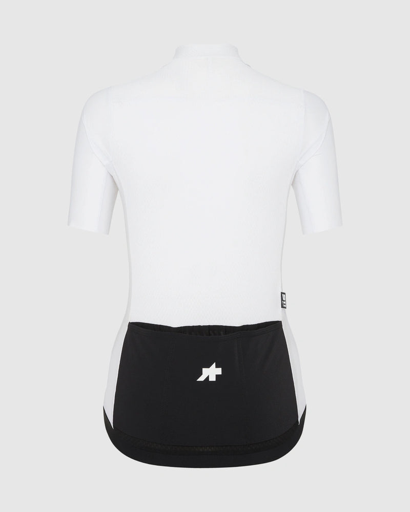 White long-sleeve athletic shirt with black waistband on a white background