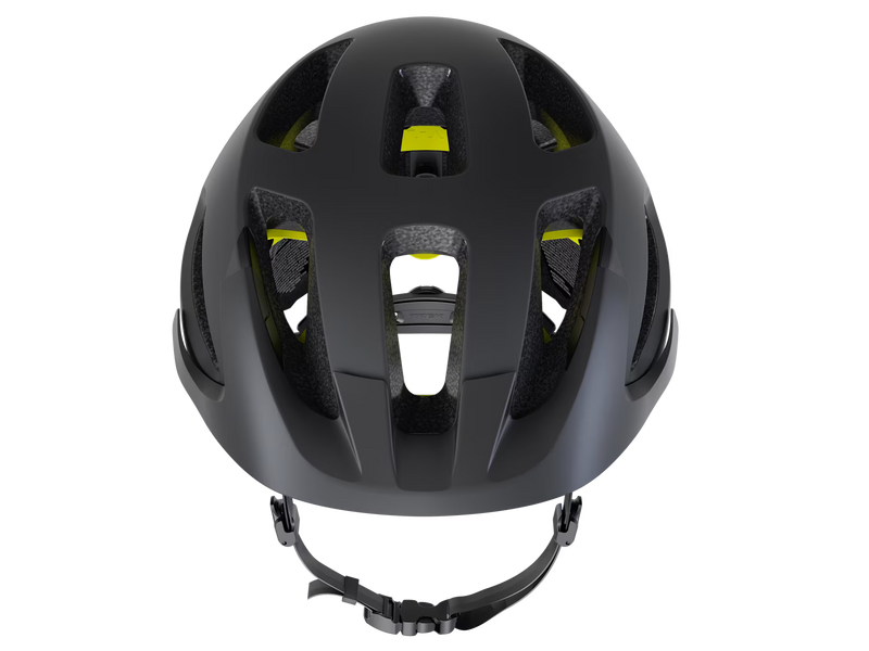 Dark gray helmet with yellow accents on a transparent background