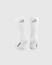 White socks with black logo on a white background