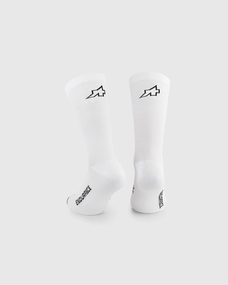 White socks with black logo on a white background
