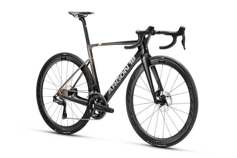 Black bicycle with 'Argon 18' branding on a white background