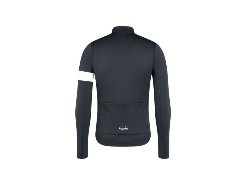 Rapha Core Thermal Long Sleeve Cycling Jersey, men’s, black with white logo, back view product shot / Maillot de cyclisme Rapha Core Thermal à manches longues pour homme, noir avec logo blanc, vue arrière en photo produit