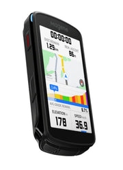 Black cycling computer with digital display on a white background