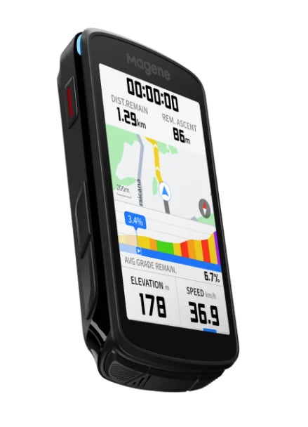 Black cycling computer with digital display on a white background