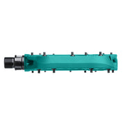 Teal metal component with black bolts on a white background
