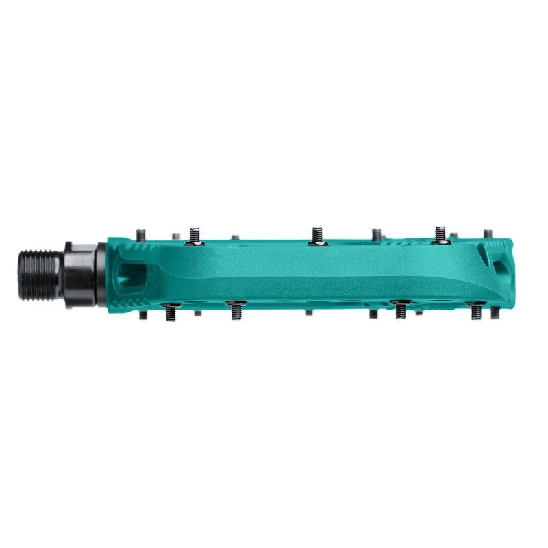 Teal metal component with black bolts on a white background