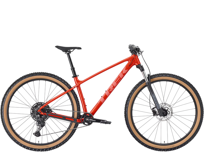Red hardtail mountain bicycle with brown tires on a transparent background