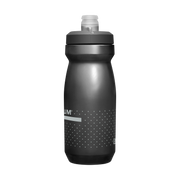 Black water bottle with white label on a white background