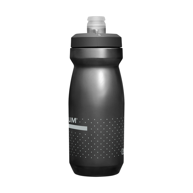 Black water bottle with white label on a white background