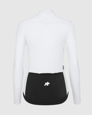 White long-sleeve athletic shirt with black waistband on a light gray background
