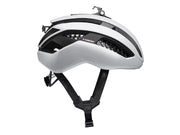 White and black bicycle helmet with 'Trek' branding on a white background