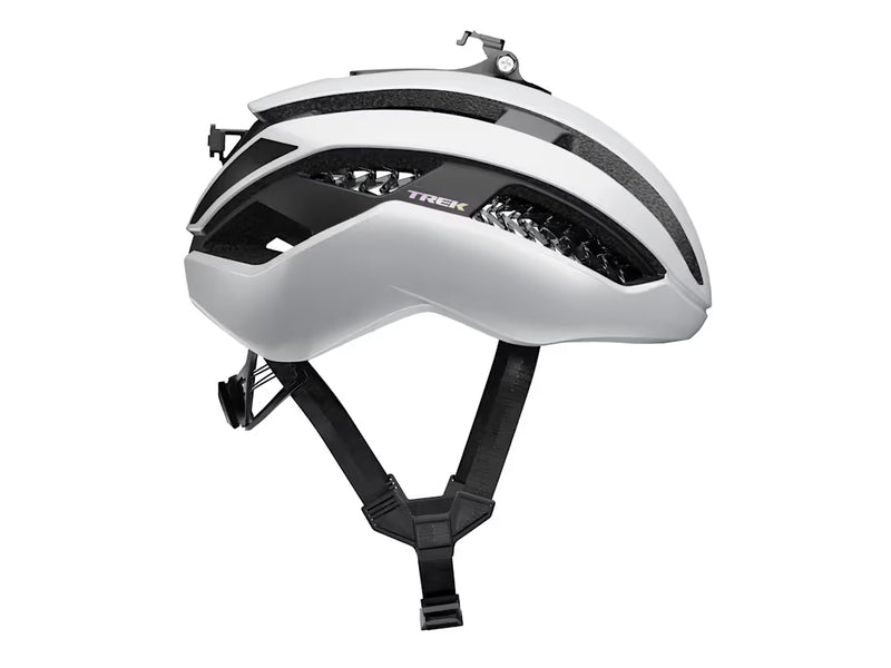 White and black bicycle helmet with 'Trek' branding on a white background
