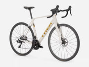 White bicycle with black components on a white background