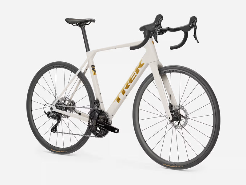 White bicycle with black components on a white background