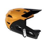 Yellow Leatt MTB Enduro 2.0 Junior helmet with chin bar, side view, facing right, visible on a transparent background