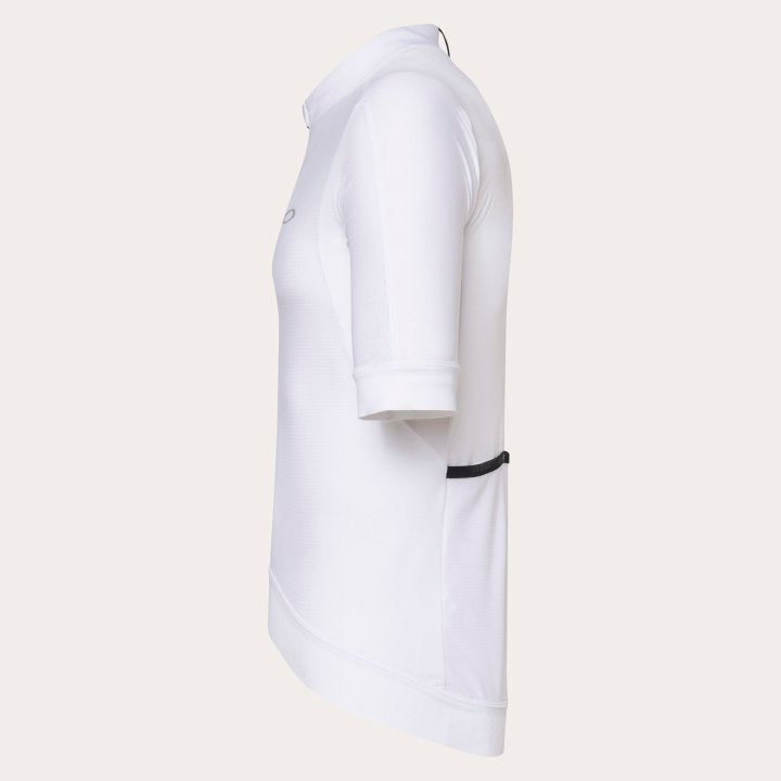 White cycling jersey shirt on a light beige background: side view