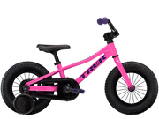 Pink children's bicycle with black wheels on a white background