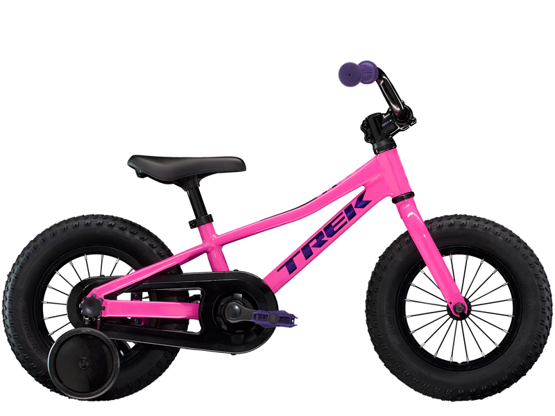 Pink children's bicycle with black wheels on a white background