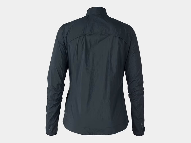 Back view of a women’s cycling wind jacket with long sleeves, windshell lining, and a mock neck.