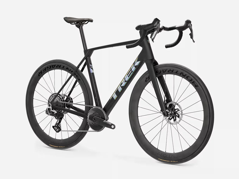 A black Trek endurance road bicycle with drop handlebars, disc brakes, and deep-section wheels, photographed on a clean light gray studio background.