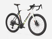 White endurance road bicycle with black components on a white background