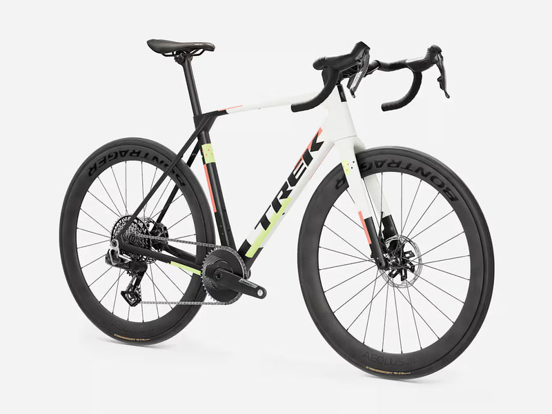 White endurance road bicycle with black components on a white background