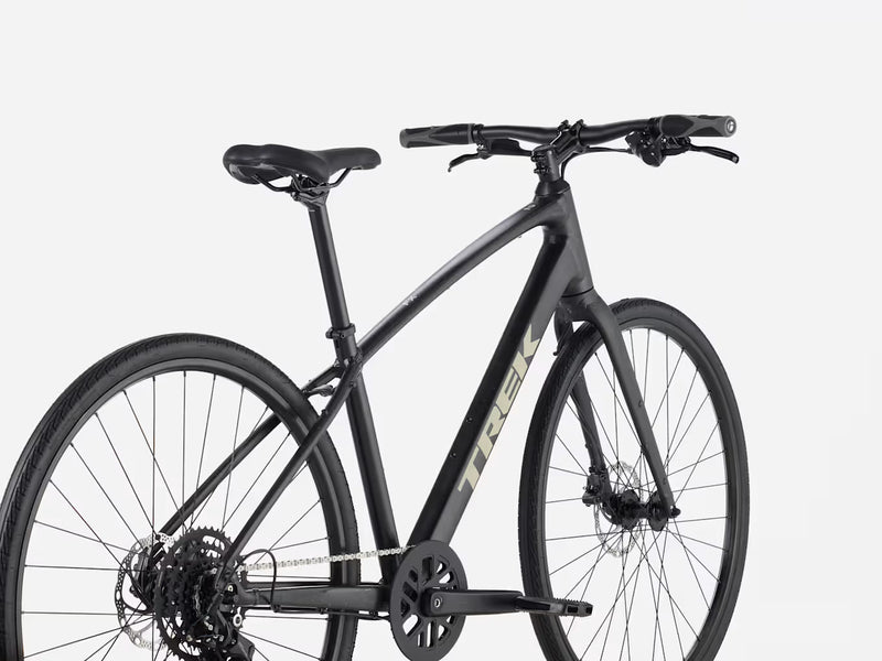Black hybrid fitness bicycle on a white background