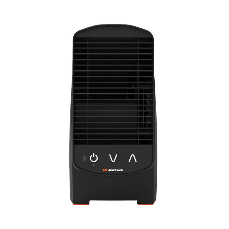 Front view of the JetBlack Trainer Fan showing button icons for power and airflow adjustment.
